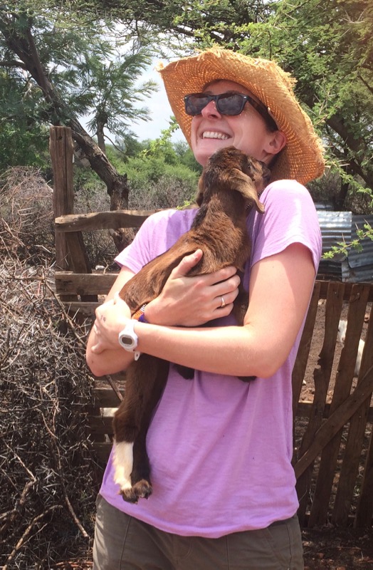 Sometimes you make new friends at the borehole sites, like this baby goat (pudi). (Photo courtesy of Bonnie McGill)