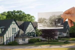 Historical then and now photo of the Carriage House