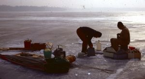 Historical photo of ice sampling on Gull Lake