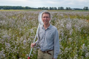 Conservation biologist Nick Haddad pauses in a field of wildflowers holding an insect net in his hand.