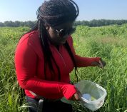 Study coauthor Selassie Ijelu stands in a switchgrass field, holding a trap to measure pest suppression.