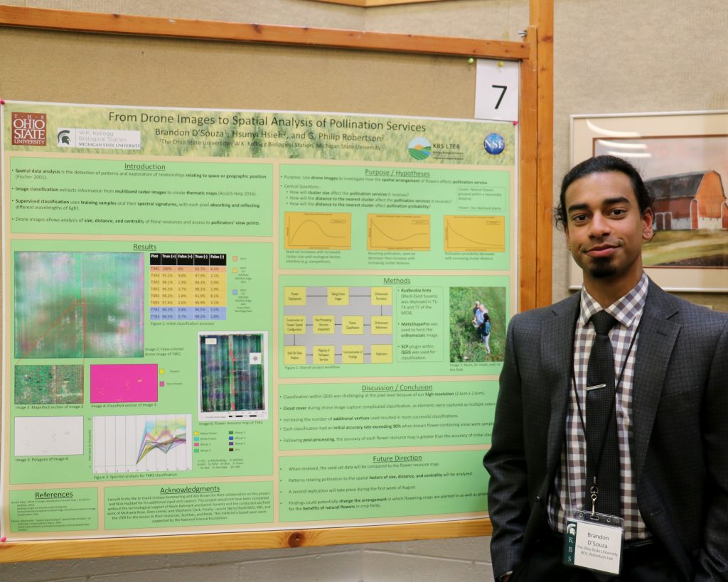 Brandon D'Souza stands next to his research poster.