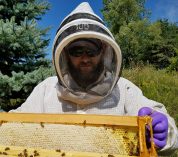 Adam Ingrao, wearing a white beekeeping suit, holds a frame from a honey bee hive.