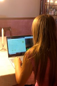 Sydney Hall works at a dining room table on a laptop, with her back to the camera.
