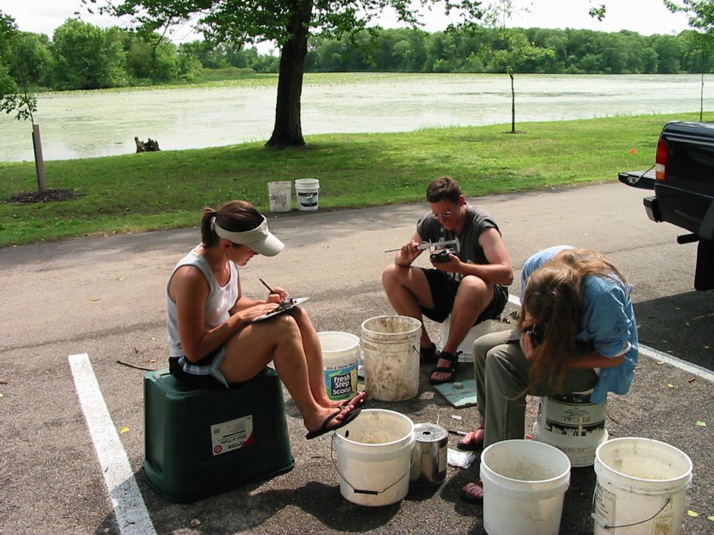 Three members of the Janzen Lab sit outside on overturned 5-gallon buckets, taking measurements and notes.