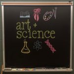 Chalkboard art drawing of items like ballet shoes, a book, and lab equipment, with text that reads, art + science