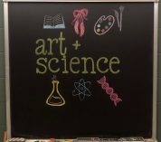 Chalkboard art drawing of items like ballet shoes, a book, and lab equipment, with text that reads, art + science