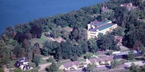 An aerial view of the KBS academic campus on the shores of Gull Lake.