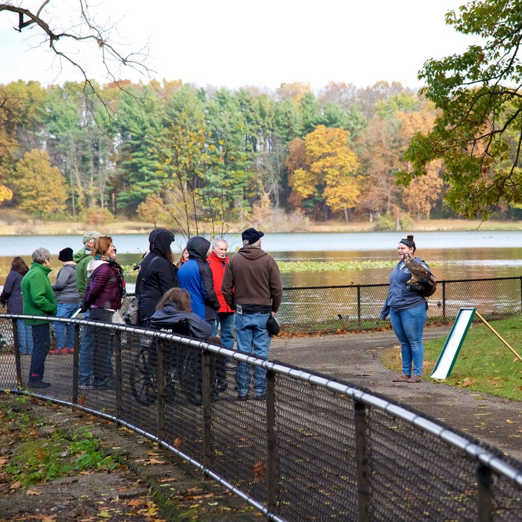 An avian care staff member holds one of the W.K. Kellogg Bird Sanctuary's ambassador birds, with Wintergreen Lake in the background, while a small group of people look on.