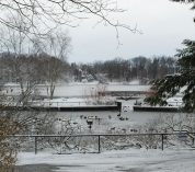 Snowy view of the Sanctuary's foot bridge and Wintergreen Lake, with waterfowl in the foreground.