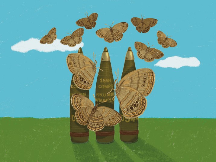 Drawing combining butterflies and artillery shells. Credit to Atieh Sohrabi.