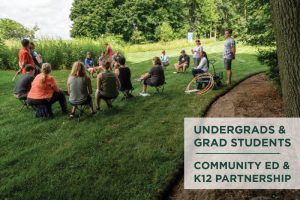 A group sits in a circle on the lawn at KBS, with text overlay that reads, Undergrads and Grad Students, and Community Ed and K12 Partnership