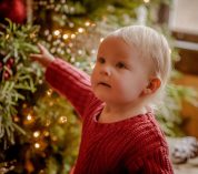 A small child looks up at a decorated Christmas tree at the W.K. Kellogg Manor House.
