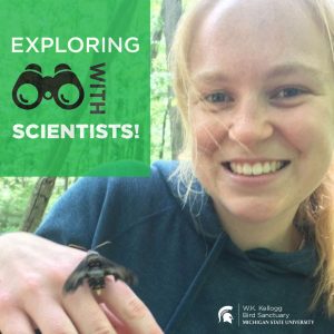 Alice Puchalsky smiles at the camera, showing off a moth that's landed on her hand. Text overlay reads Exploring with Scientists.
