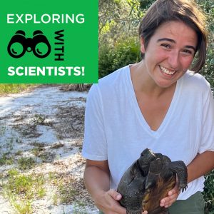 Isabela Borges smiles while holding a large turtle. Text overlay reads Exploring with Scientists.