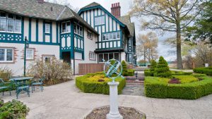 Exterior gardens and terrace patio of the W.K. Kellogg Manor House