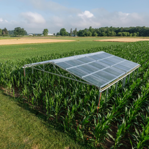 A rainout shelter stands over a portion of a cornfield at the KBS Long-term Ecological Research site on a summer day.