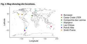 A map showing the seven global grassland sites, located across four continents, that contributed to this work. Credit to Lauren Sullivan.