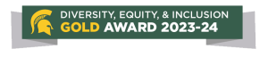Green, white, gold and gray banner with the Spartan helmet logo and the words Diversity, Equity and Inclusion Gold Award 2023-24