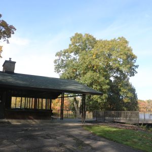 Autumn view of Wintergreen Lake with the W.K. Kellogg Bird Sanctuary’s Overlook Building in the foreground.