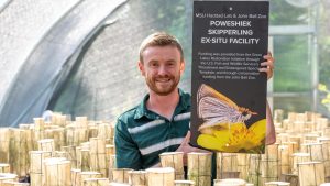 David Pavlik poses in a greenhouse at John Ball Zoo with an informational placard on his research project with Poweshiek skipperlings.