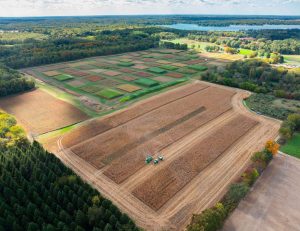 Aerial view of agricultural research plots at the W.K. Kellogg Biological Station.