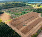 Aerial view of agricultural research plots at the W.K. Kellogg Biological Station.