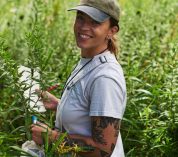 Lindsey Kemmerling stands among tall plants with narrow green leaves, taking notes.