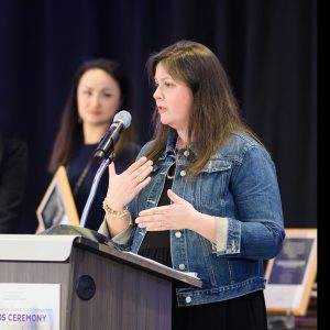 Kara Haas speaks after receiving the Graduate Student Award for Community Engagement Scholarship.