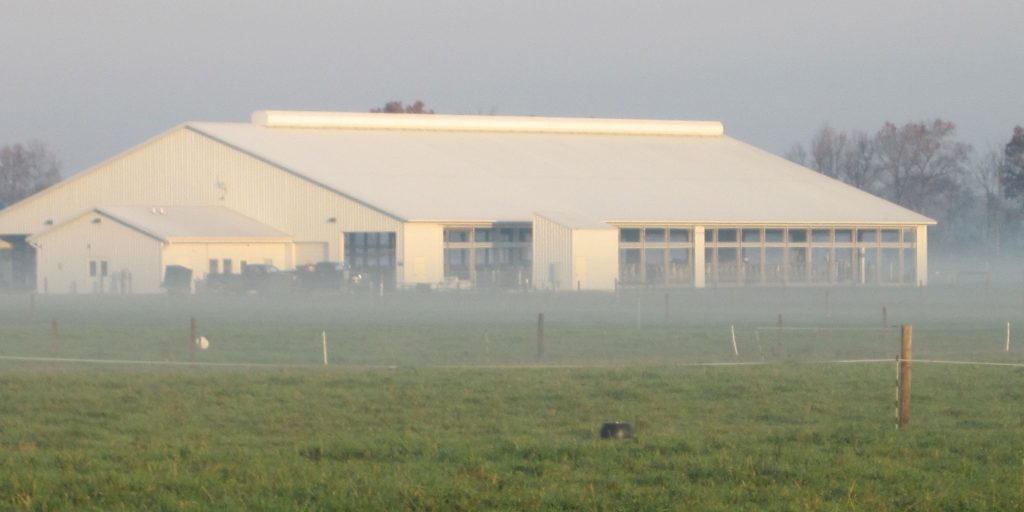 Misty view of the W.K. Kellogg Biological Station Pasture Dairy Center.