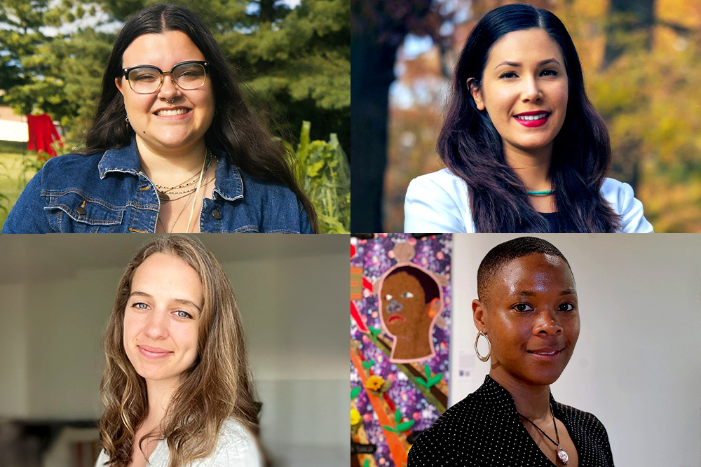 Composite image of the 2025 W.K. Kellogg Biological Station artists-in-residence: Top row left to right - Mikayla Thompson, Blaire Morseau, Bottom row left to right - Marika Jaeger, Olivia Furman.