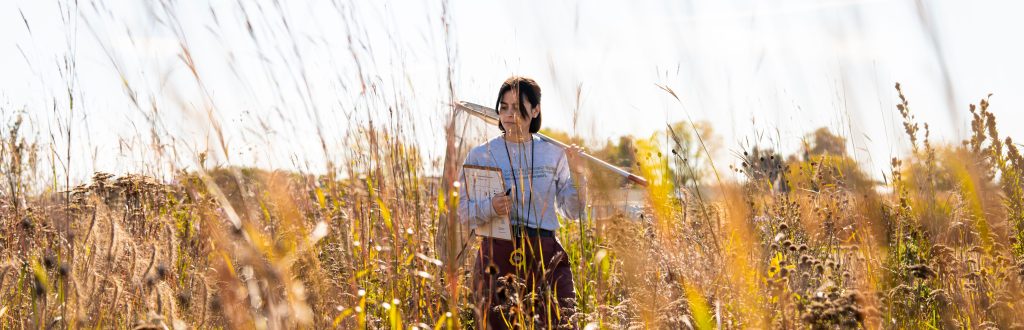 A researcher stands in a field with an insect net and clipboard.
