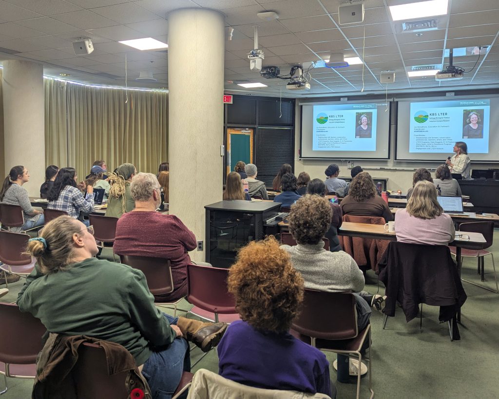 Members of the KBS community gather to hear a talk in the Terrace Room, a common gathering place for seminars and colloquiua.